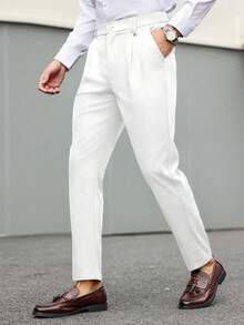 Manfinity Mode Quần tây nam công sở casual màu trơn xếp ly dáng côn, phù hợp mặc đi làm hàng ngày, đi lại, dạo phố cuối tuần, dự tiệc và nhiều dịp khác. Chiếc quần này là món đồ đa năng không thể thiếu trong tủ đồ nam, là món quà hoàn hảo cho bạn trai hoặc chồng - trắng - Xem 6