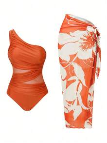 Swim Oasis Women's One-Piece Swimsuit With Mesh Patchwork And Skirt Beach Burnt Orange Summer Sexy - Orange - View 6