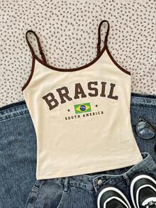SHEIN Tween Girls Tank Tops & Camis Bright Brazil Print Pattern Colorblock Casual Spaghetti Strap Fitted Tank Top Suitable For Summer, Sports Casual Slim Fit Tank Top - Beige - View 1