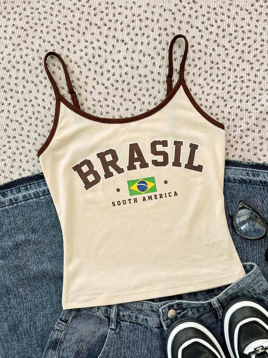 SHEIN Tween Girls Tank Tops & Camis Bright Brazil Print Pattern Colorblock Casual Spaghetti Strap Fitted Tank Top Suitable For Summer, Sports Casual Slim Fit Tank Top - Beige - View 1