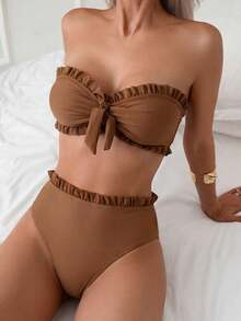 Swim Mod Women's Summer Beach Solid Color Ruffle Trim Bandeau Bikini Set With Front Knot, Two Pieces Swimwear Black Bathing Suits - Coffee Brown - View 3