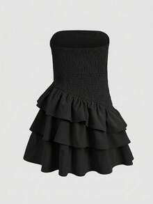 SHEIN Girlism 青少年女孩夏季休閒度假簡約舒適層次荷葉邊飾抹胸洋裝 - 黑色 - 查看 2
