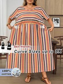 SHEIN CURVE+ 大尺碼女款條紋休閒派對旅行洋裝、女款夏季洋裝、女款休閒度假洋裝、女款度假穿搭、女款海灘度假穿搭、大尺碼波希米亞洋裝、度假洋裝、曲線度假洋裝、大尺碼海灘洋裝、大尺碼度假洋裝、休閒洋裝、孕婦洋裝、大尺碼夏季洋裝、大尺碼休閒洋裝、大尺碼夏季洋裝、休閒條紋洋裝、條紋中長洋裝、大尺碼度假洋裝、女款海灘洋裝、女款休閒洋裝 - 彩色 - 查看 2