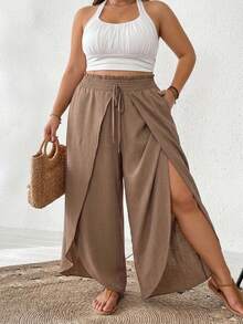 SHEIN CURVE+ Plus Size Women's Solid Color Tie Waist Loose Wide Leg Pants - Khaki - View 5
