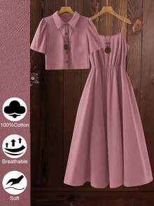 Linhara Plus Size Solid Color Short Sleeve Shirt And Spaghetti Strap Dress Cotton 2 Pieces Set - Dusty Pink - View 1