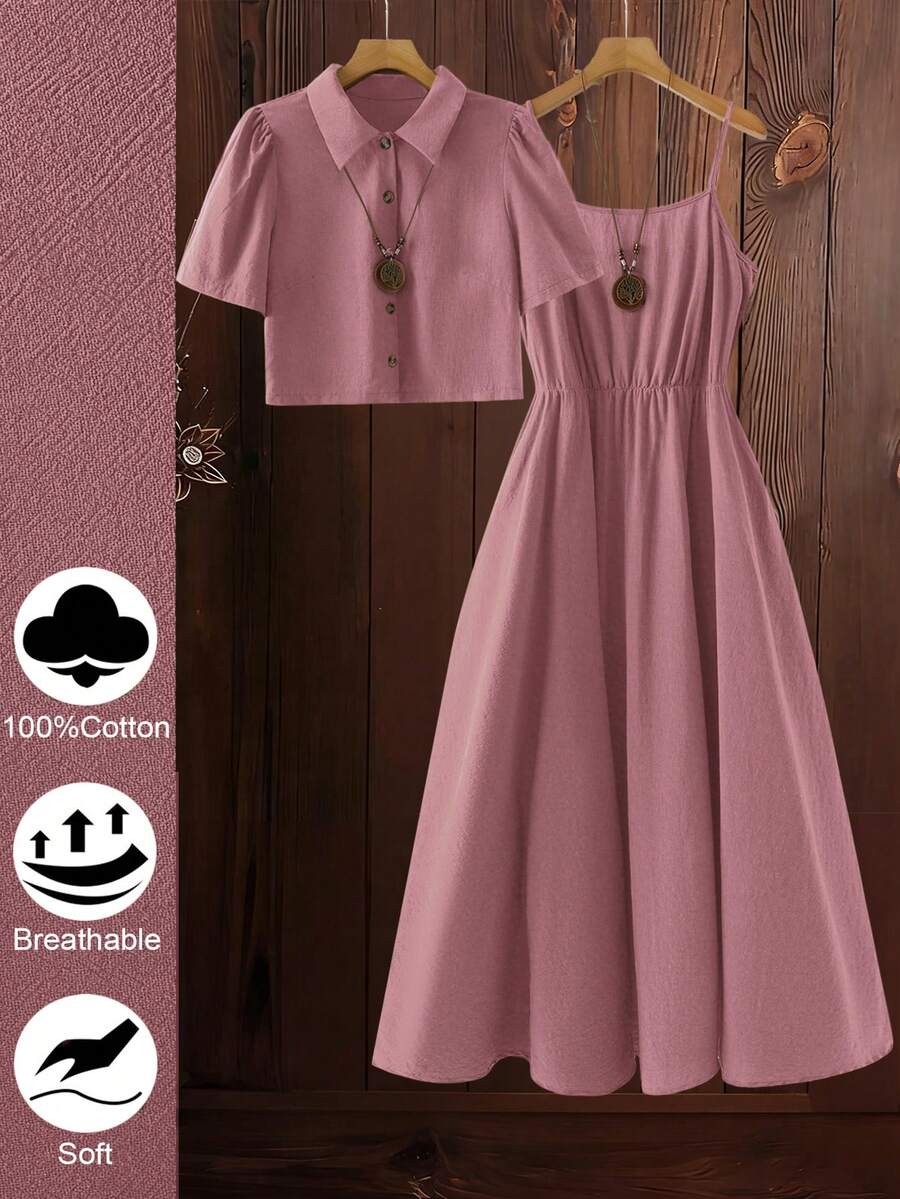 Linhara Plus Size Solid Color Short Sleeve Shirt And Spaghetti Strap Dress Cotton 2 Pieces Set - Dusty Pink - View 1
