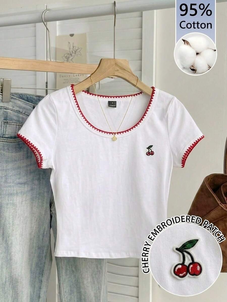 Tseoso 女款 95% 棉白色修身圓領 T-shirt,短袖,櫻桃與紅色貝殼刺繡;柔軟/純淨女孩 Y2K 風格;居家、約會、節慶、海灘、度假 - 彩色 - 查看 1