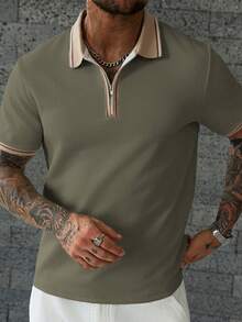 Manfinity CasualCool 男士夏季休閒度假日常通勤拼色條紋印花紋理面料半拉鍊 Polo 衫 - 綠色 - 查看 3