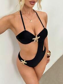 SHEIN 女款黑色性感掛脖式挖空設計一件式泳衣，修飾腰線時尚海灘度假泳裝 - 黑色 - 查看 6