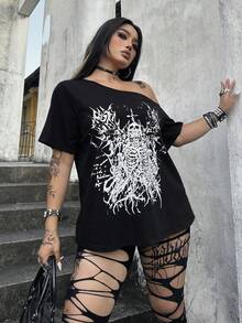 Whyspr Plus Size Teen Sweet Lace Patchwork A-Line T-Shirt Summer - Black - View 7