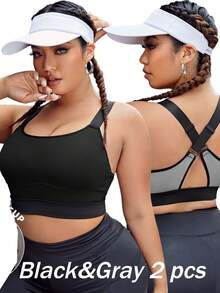 Breezaya Sujetador deportivo de talla grande con costuras cruzadas en la espalda, con almohadillas cosidas, almohadillas no extraíbles para un alto soporte, para mujeres, para hacer ejercicio, yoga, correr, color negro para el Año Nuevo Chino - Multicolor - Ver 3