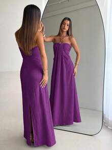 Aloruh Women's Fashion Holiday Party Solid Color Halter Neck Dress - Purple - View 8