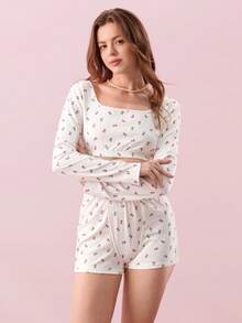 Bonmuse 2pcs Women All Season Printed Long Sleeve Top And Shorts Pajama Set - White - View 6