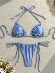 Swim Mod 女款春夏新款綁帶式三角比基尼兩件式泳衣 淺藍色休閒海灘風 - 藍色 - 查看 7