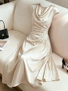 SHEIN Franclia Vestido largo elegante y exquisito para mujer, primavera/verano, para salidas, citas y ir al trabajo, cuello redondo, manga corta, cintura ceñida, abertura curva, bajo asimétrico fruncido - Albaricoque - Ver 6