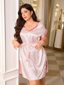 MuseNap CURVE Camisola Plus Size Elegante em Cetim Jacquard com Bloco de Cor Rosa, Decote em V e Fenda na Barra - Rosa chiclete - Visão 5