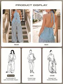 Nöista Two Pieces Co-Ord Set Sleeveless Halter Top Front Knot Vertical Stripe Matching Wide-Leg Pants Spring Summer Easter Beach Blue And White Striped - Multicolor - View 10