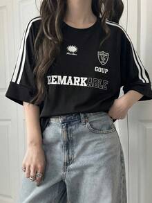 DAZY Round Neck Striped Side Slit T-Shirt Oversized T-Shirt,Graphic Tees School Cute Tops - Black - View 11