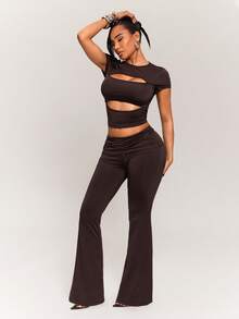 Radiana Women's 2-Piece Set All Shades Of Brown,Summmer,Seksi Chic,Night Out Club Hollow Round Neck Short Sleeve T-Shirt And Low Waist Fitted Flare Pants - Brown - View 7