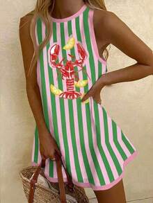 SHEIN EZwear Casual Minimalist Vacation Style Fun Lobster Striped Placement Print Pattern Pink Background Contrast Green Striped Women's Dress Suitable For Spring/Summer Vacation Fun Quirky Cute Style Beach - White - View 7