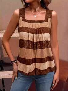EMERY ROSE Holiday Casual Color Block Striped Tank Top Graphic Tees Women Tops - Brown - View 6