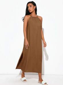 SHEIN BASICS 女款編織掛脖側開衩洋裝 - 棕色 - 查看 4