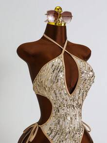 Costavie Glamour One-Piece Spring/Summer Vacation Sequin Textured Fabric Halter Neck Sexy Bikini Women's Swimsuit - Gold - View 3
