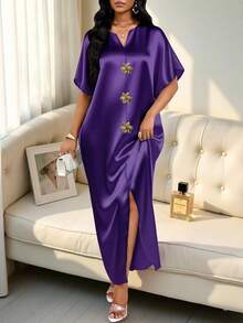 SHEIN Lady 四季皆宜的节日礼服/婚礼宾客/礼服/舞会礼服/金色/晚宴礼服/金色女士缎面提花前开衩连衣裙，休闲派对优雅 - 紫色 - 查看 4