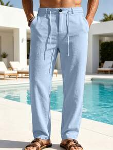 VENTUSAIL Men's Light Blue Solid Drawstring Waist Straight-Leg Casual Pants With Side Pockets,Baggy Slacks For Autumn,Tropical Beach Vacation,Gifts For Husband - Baby Blue - View 3
