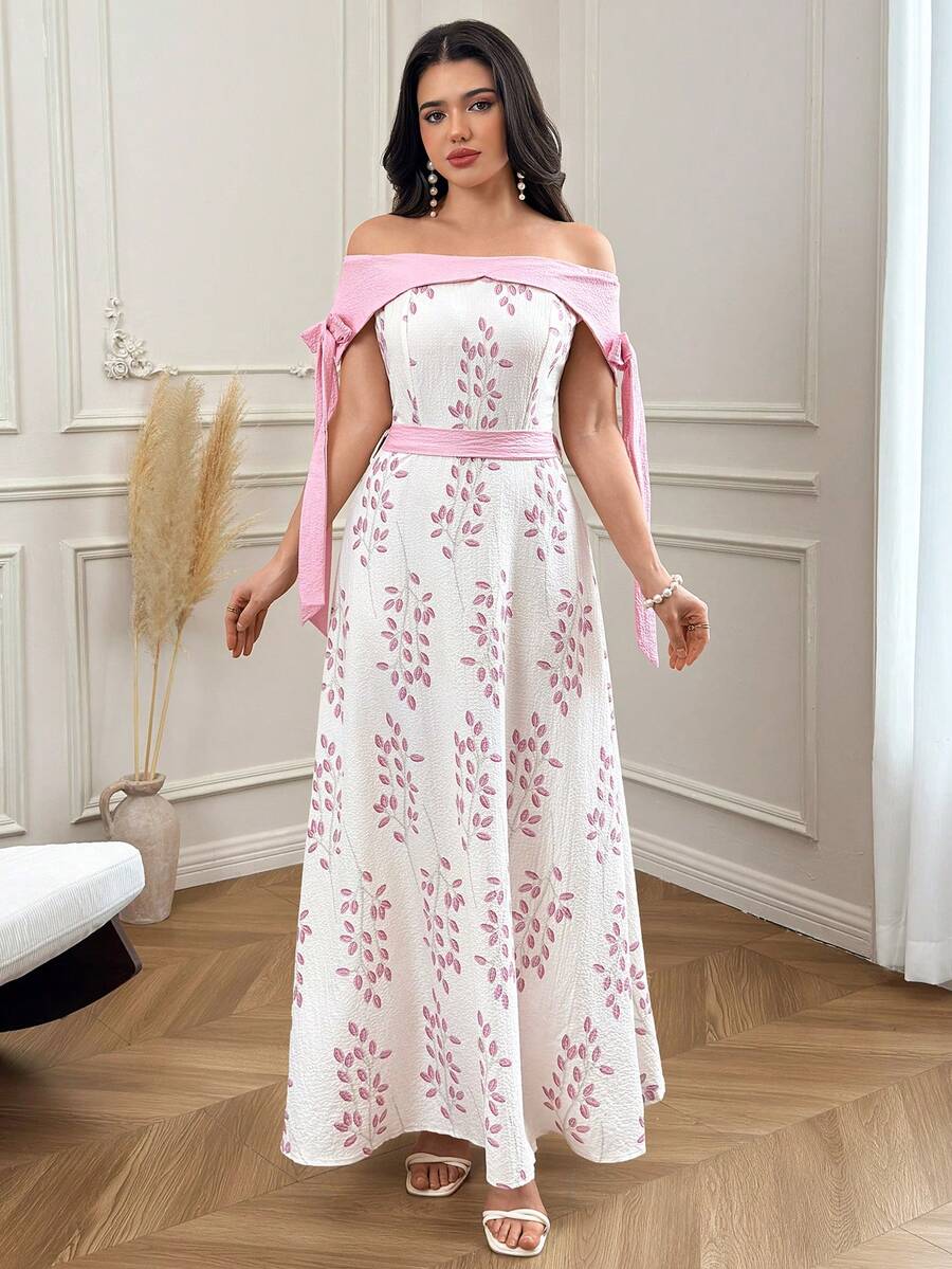 Modelyn Women's Elegant Floral Print Patchwork Off-Shoulder Dress Holiday Going Out Holiday Night Outfits - Pink - View 1