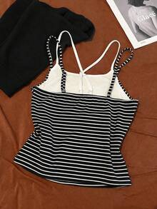 Resyla Women's Spring/Summer Striped Camisole Top And Solid Color Shorts 2-Piece Set - Black - View 2