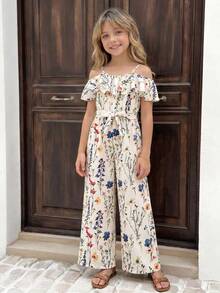 SHEIN Tween Girls Off-Shoulder Jumpsuit, Summer Beach, Bohemian Floral Print, Vacation, Daily, Casual - White - View 5