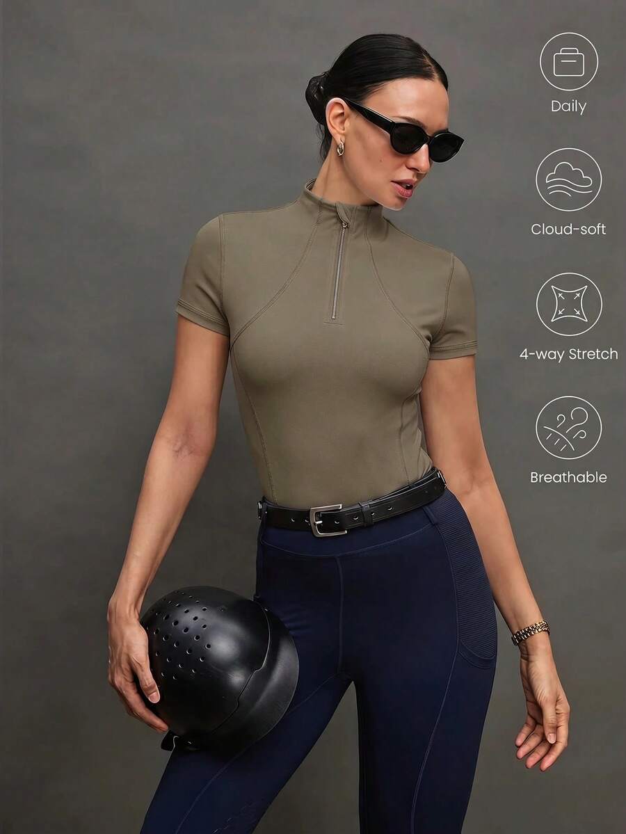 Activina 女款素色短袖半拉鍊立領馬術上衣
