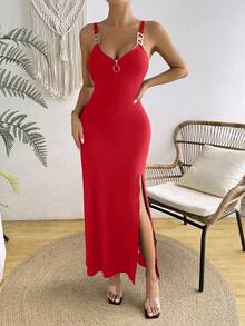 SHEIN Women's Solid Color Deep V-Neck Metal Buckle Zipper Split Fitted Dress Suitable For Parties And Holidays - Red - View 3