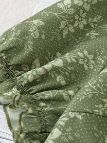 Linhara 女版大尺碼彩色花卉與波點印花仿亞麻紋理面料V領鈕扣裝飾泡泡袖彈性袖口休閒日常通勤時尚優雅成熟百搭高端Ins風田園鄉村慵懶浪漫約會法式街頭復古海灘度假春夏季新款綠色泡泡短袖襯衫，綠色短袖襯衫，復古V領花卉印花襯衫，海灘度假穿搭襯衫 - 彩色 - 查看 6