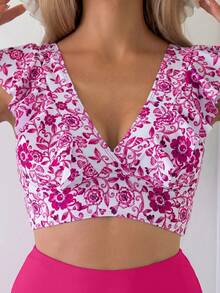Swim Lushoire Women's V-Neck Pleated Ruffle Swim Top And Solid Color Swim Bottoms Bikini Set Beach Pool Party Vacation White Colorful Summer Jamican Sexy Tropical - Hot Pink - View 4