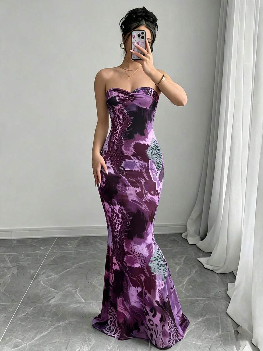SHEIN Raffinéa 無袖平口扭轉露背鏤空繫帶貼身豹紋美人魚洋裝 - 紫色 - 查看 1