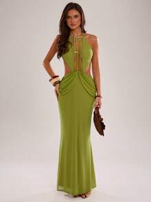SHEIN BAE Spring/Summer Women's Casual Glamorous Elegant Vacation Halter Neck Beaded Decor Waist Cutout Ruched Back Ring Detail Olive Green Dress Night Out Sexy - Olive Green - View 7