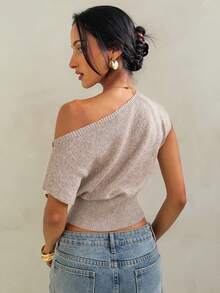Aloruh Women's Elegant Off-Shoulder Waist-Cinching Short Sleeve Knit Sweater - Apricot - View 6