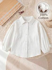 SHEIN LMoss Kids LMoss 女童宽松条纹翻领休闲衬衫 - 白色 - 查看 3