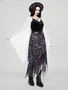 ROMWE Goth 復古深色蝙蝠袖不對稱下擺透視針織薄款開襟外套 - 白色 - 查看 7