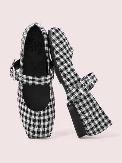 CUCCOO DOLLMOD Women's Shoes, Flats, Mary Jane, Black And White Plaid, Soft Square Toe, Classic College Style Wear