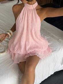 Aloruh 女士优雅浅黄色吊带系带迷你连衣裙 - 淺粉色 - 查看 6
