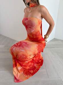 Opulessa Knitted Mesh Print Bandeau Slim Fit Dress For Women - Burnt Orange - View 4