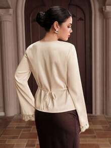 Graceveil Women's Round Neck Solid Color Lace Patchwork Slim Fit Elegant Blouse - Apricot - View 6