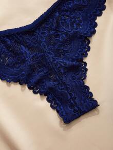 SHEIN 女款浪漫優雅花卉蕾絲無鋼圈內衣內褲套裝 - 藏蓝色 - 查看 4