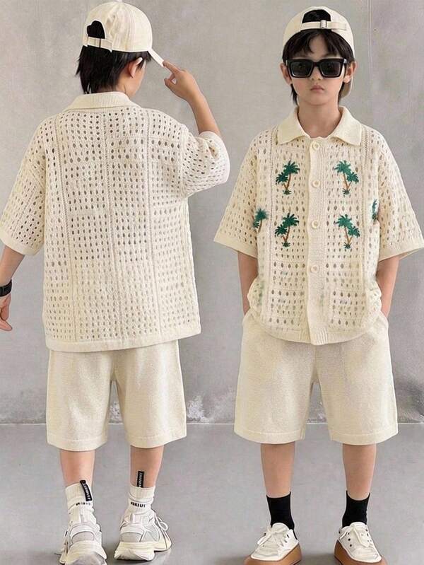Bộ đồ đôi 2 món cho bé trai tuổi teen, kiểu dáng thường ngày, họa tiết cây cọ đan móc, gồm áo cardigan cổ polo và quần short, thoải mái và đa năng.