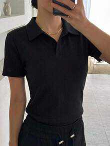 DAZY Women Business Casual Solid Short Sleeve Blouse - Black - View 10