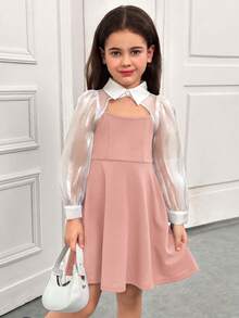 Young Girl Casual Minimalist Comfortable Collared Hollow-Out Color Block Patchwork Dress - Pink - View 3