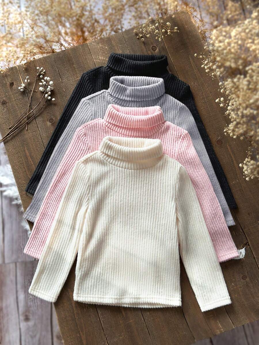 SHEIN Emery Rose Kids 4件/組少女高領羅紋針織休閒T恤,高彈性翻領底層T恤女童秋季服裝,適合日常休閒出遊 - 彩色 - 查看 1